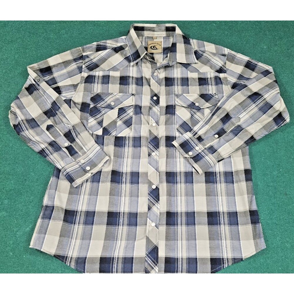 Coevals Club L blue grey Plaid Western Shirt Pearl Snap Long Sleeve Cowboy large